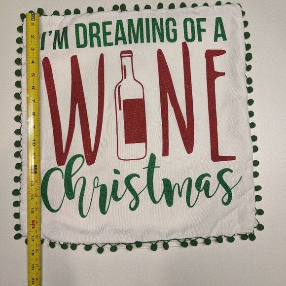 Pillow cover, (1), off white green red, sparkle, green pompom trim - Picture 5 of 7